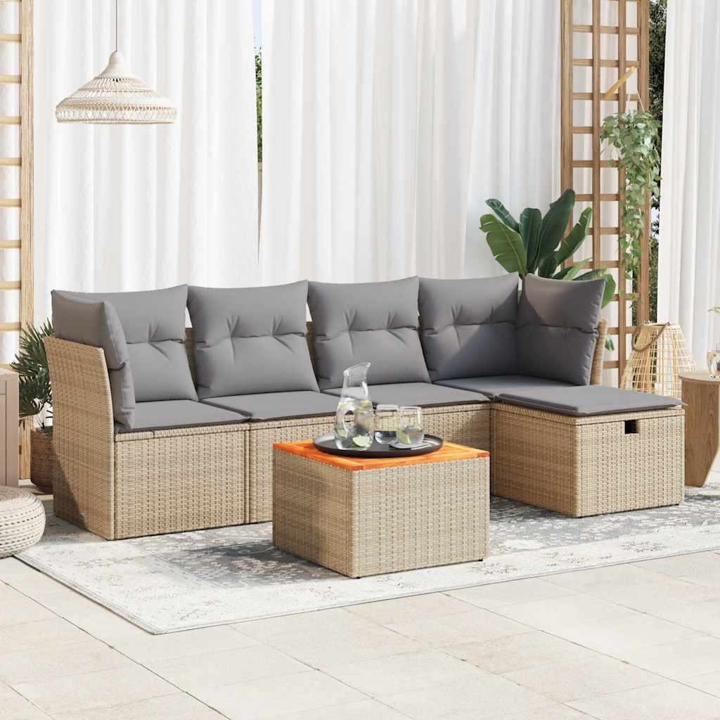 6-tlg. Garten-Sofagarnitur mit Kissen Beige Poly Rattan