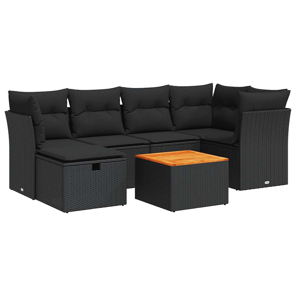 7-tlg. Garten-Sofagarnitur mit Kissen Schwarz Poly Rattan