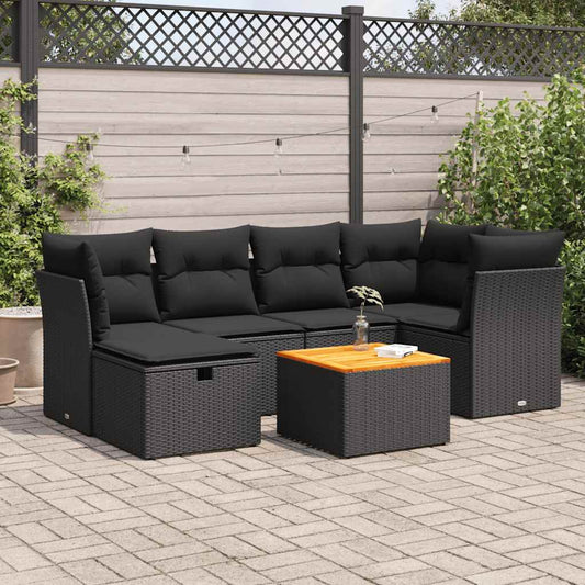 7-tlg. Garten-Sofagarnitur mit Kissen Schwarz Poly Rattan