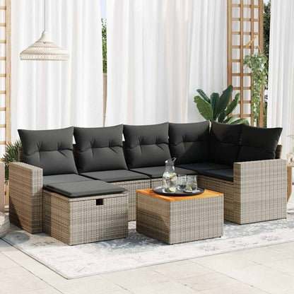 7-tlg. Garten-Sofagarnitur mit Kissen Grau Poly Rattan