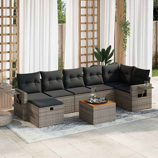 8-tlg. Garten-Sofagarnitur mit Kissen Grau Poly Rattan