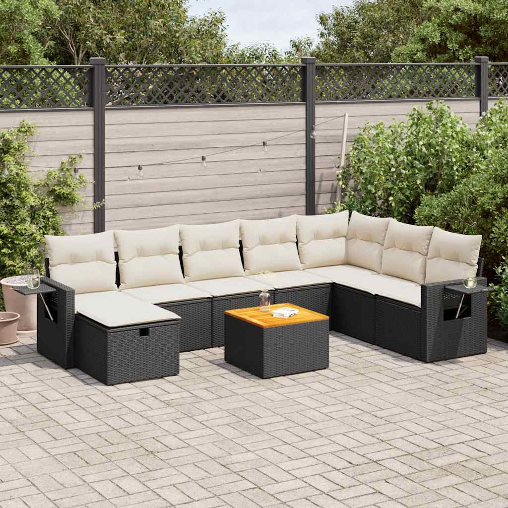 9-tlg. Garten-Sofagarnitur mit Kissen Schwarz Poly Rattan