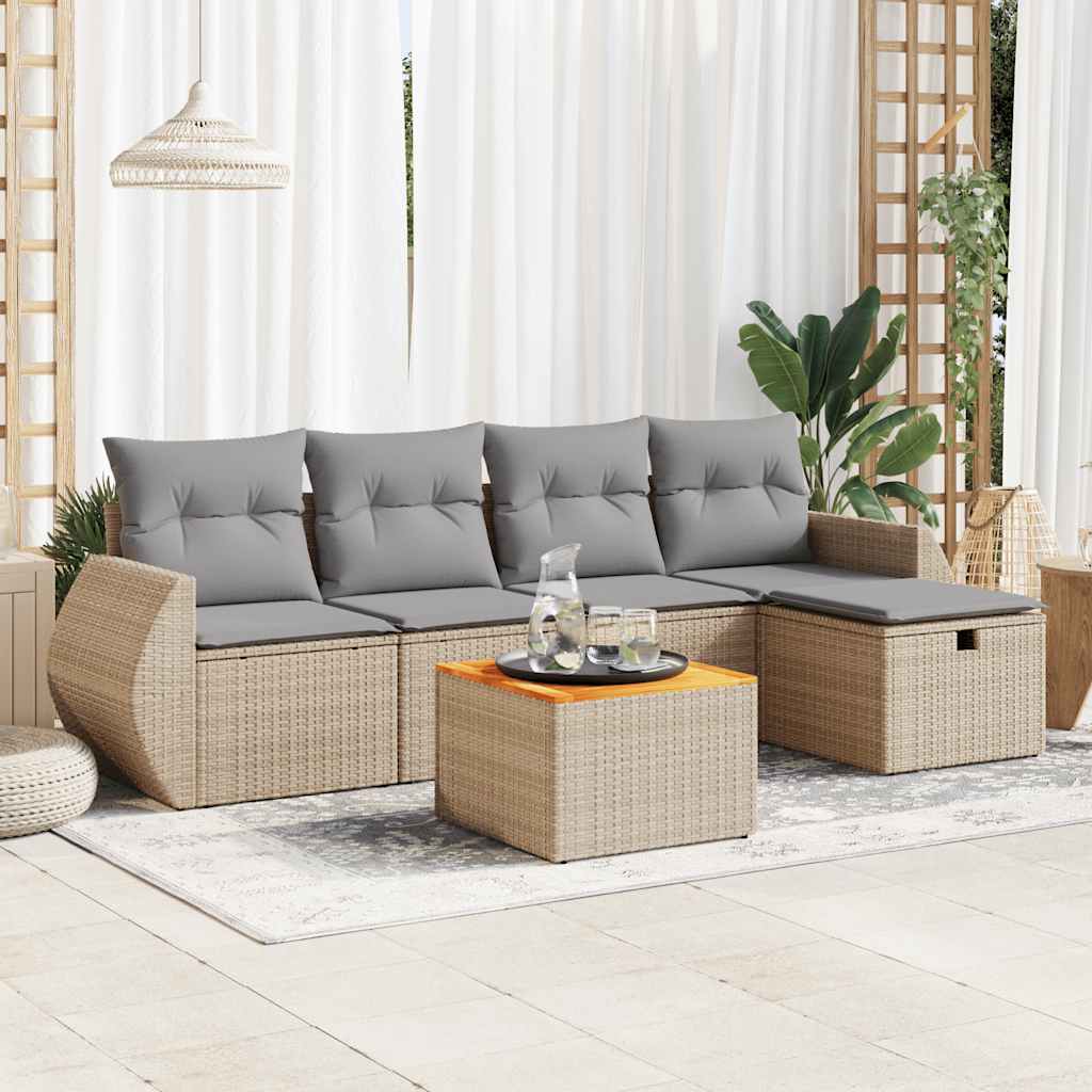 6-tlg. Garten-Sofagarnitur mit Kissen Beige Poly Rattan