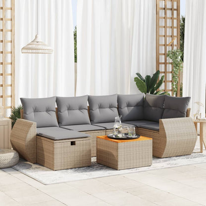 7-tlg. Garten-Sofagarnitur mit Kissen Beige Poly Rattan