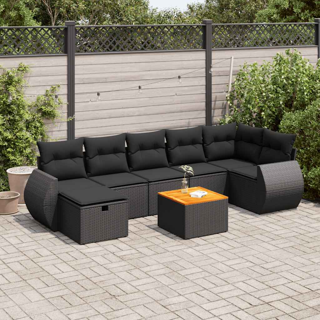 8-tlg. Garten-Sofagarnitur mit Kissen Schwarz Poly Rattan