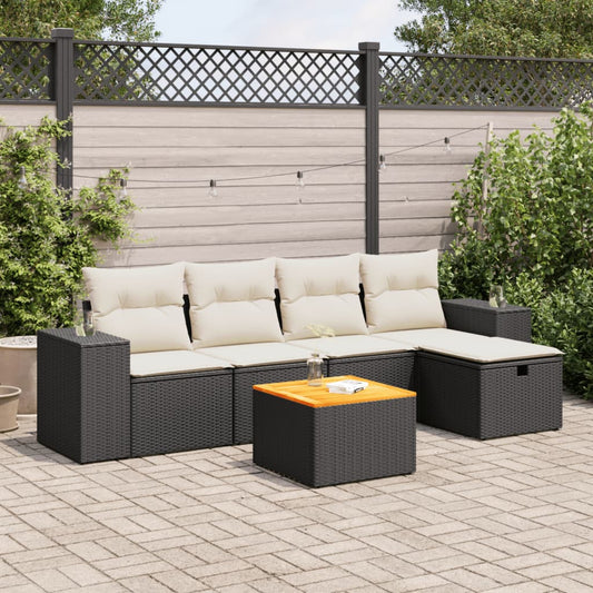 6-tlg. Garten-Sofagarnitur mit Kissen Schwarz Poly Rattan