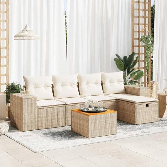 6-tlg. Garten-Sofagarnitur mit Kissen Beige Poly Rattan