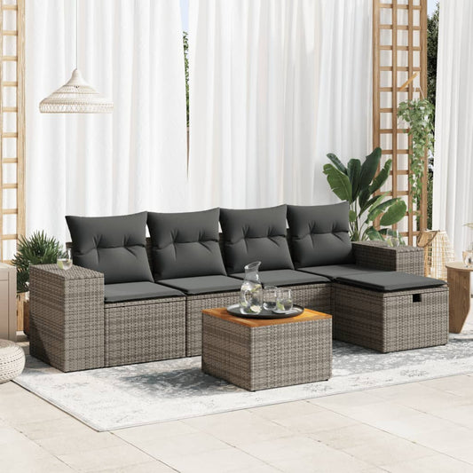 6-tlg. Garten-Sofagarnitur mit Kissen Grau Poly Rattan