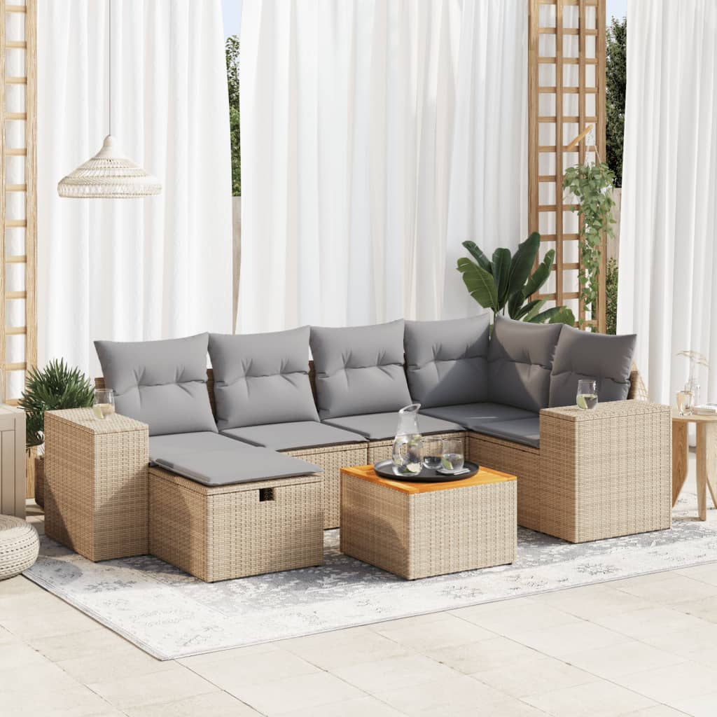 7-tlg. Garten-Sofagarnitur mit Kissen Beige Poly Rattan