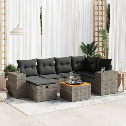 7-tlg. Garten-Sofagarnitur mit Kissen Grau Poly Rattan