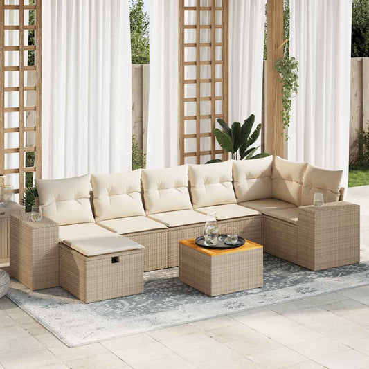 8-tlg. Garten-Sofagarnitur mit Kissen Beige Poly Rattan