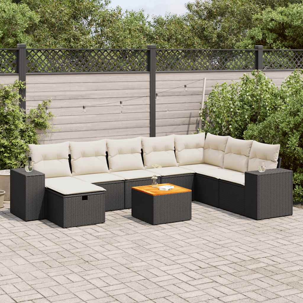 9-tlg. Garten-Sofagarnitur mit Kissen Schwarz Poly Rattan