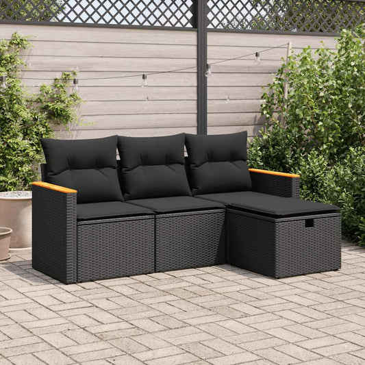 4-tlg. Garten-Sofagarnitur mit Kissen Schwarz Poly Rattan