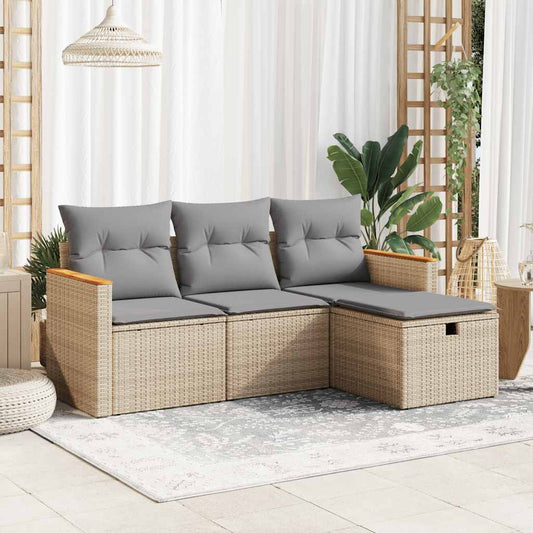 4-tlg. Garten-Sofagarnitur mit Kissen Beige Poly Rattan