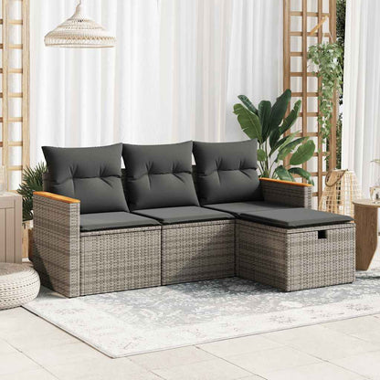 4-tlg. Garten-Sofagarnitur mit Kissen Grau Poly Rattan