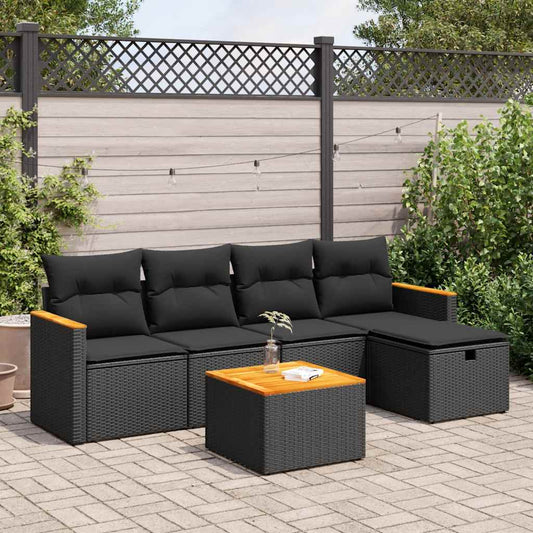 6-tlg. Garten-Sofagarnitur mit Kissen Schwarz Poly Rattan