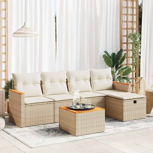 6-tlg. Garten-Sofagarnitur mit Kissen Beige Poly Rattan