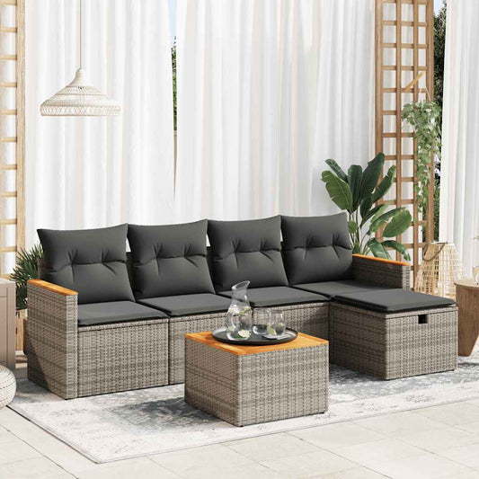 6-tlg. Garten-Sofagarnitur mit Kissen Grau Poly Rattan