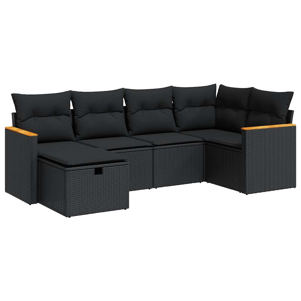 6-tlg. Garten-Sofagarnitur mit Kissen Schwarz Poly Rattan