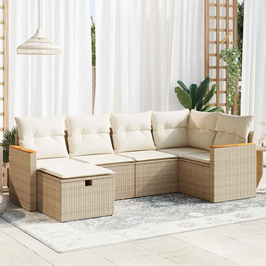 6-tlg. Garten-Sofagarnitur mit Kissen Beige Poly Rattan