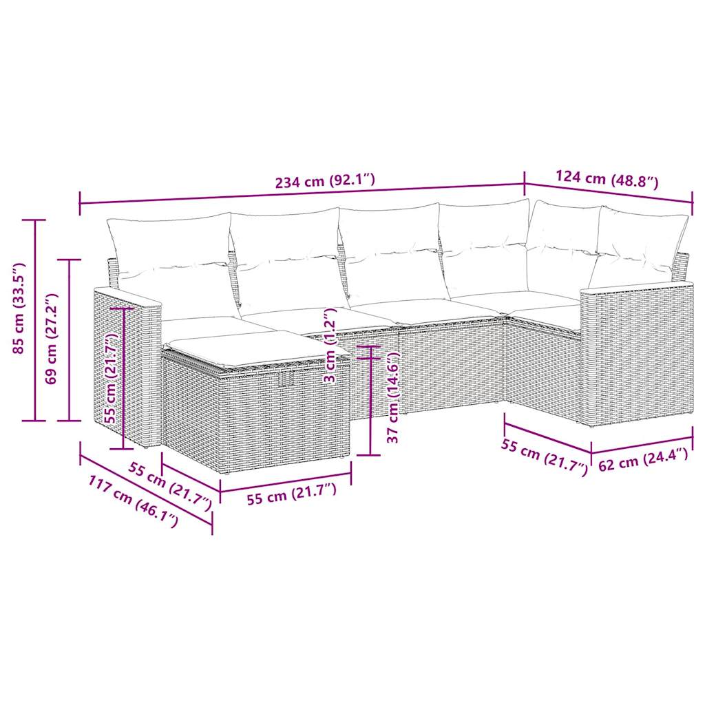 6-tlg. Garten-Sofagarnitur mit Kissen Beige Poly Rattan