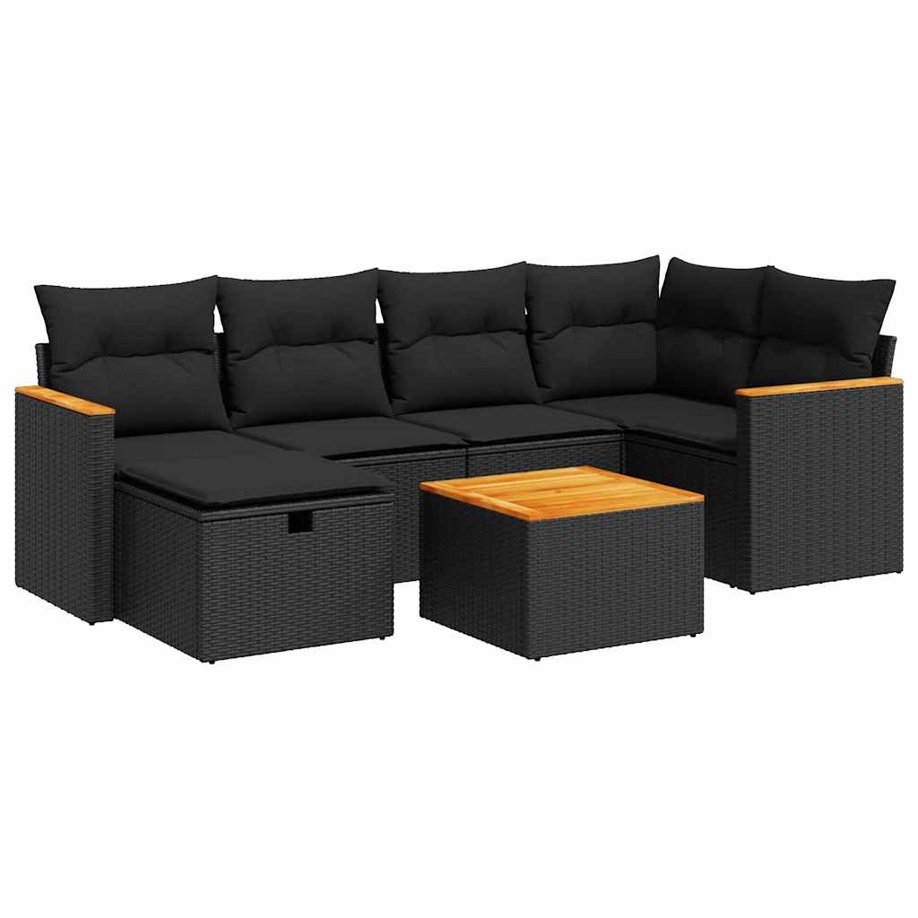 7-tlg. Garten-Sofagarnitur mit Kissen Schwarz Poly Rattan