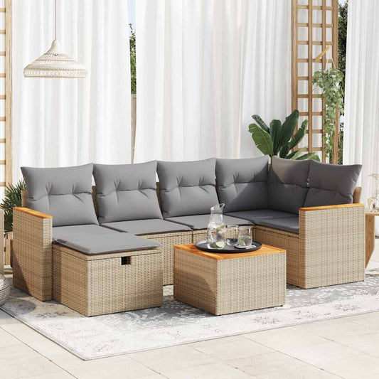 7-tlg. Garten-Sofagarnitur mit Kissen Beige Poly Rattan