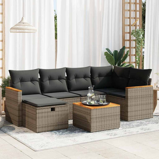 7-tlg. Garten-Sofagarnitur mit Kissen Grau Poly Rattan