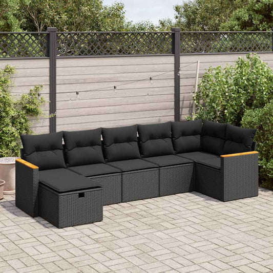 7-tlg. Garten-Sofagarnitur mit Kissen Schwarz Poly Rattan