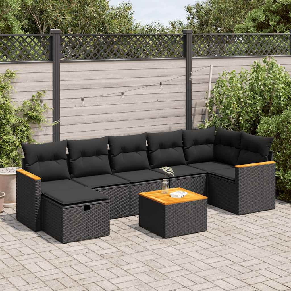 8-tlg. Garten-Sofagarnitur mit Kissen Schwarz Poly Rattan