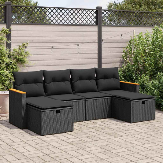 6-tlg. Garten-Sofagarnitur mit Kissen Schwarz Poly Rattan