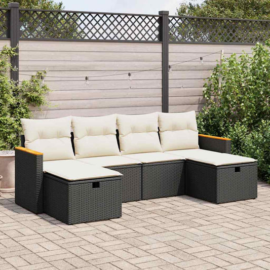 6-tlg. Garten-Sofagarnitur mit Kissen Schwarz Poly Rattan