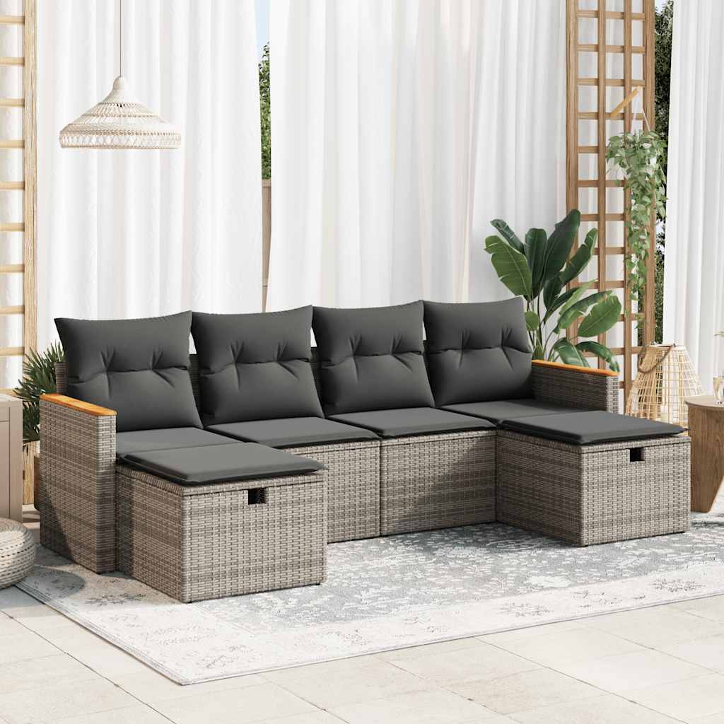 6-tlg. Garten-Sofagarnitur mit Kissen Grau Poly Rattan