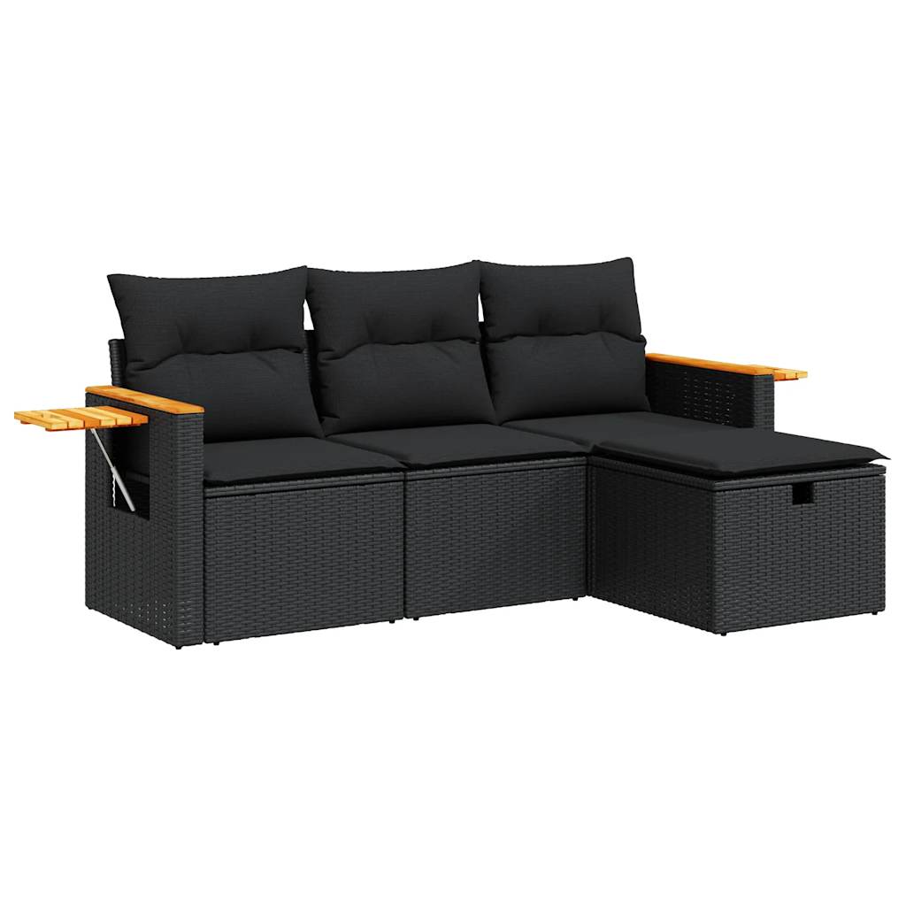 4-tlg. Garten-Sofagarnitur mit Kissen Schwarz Poly Rattan