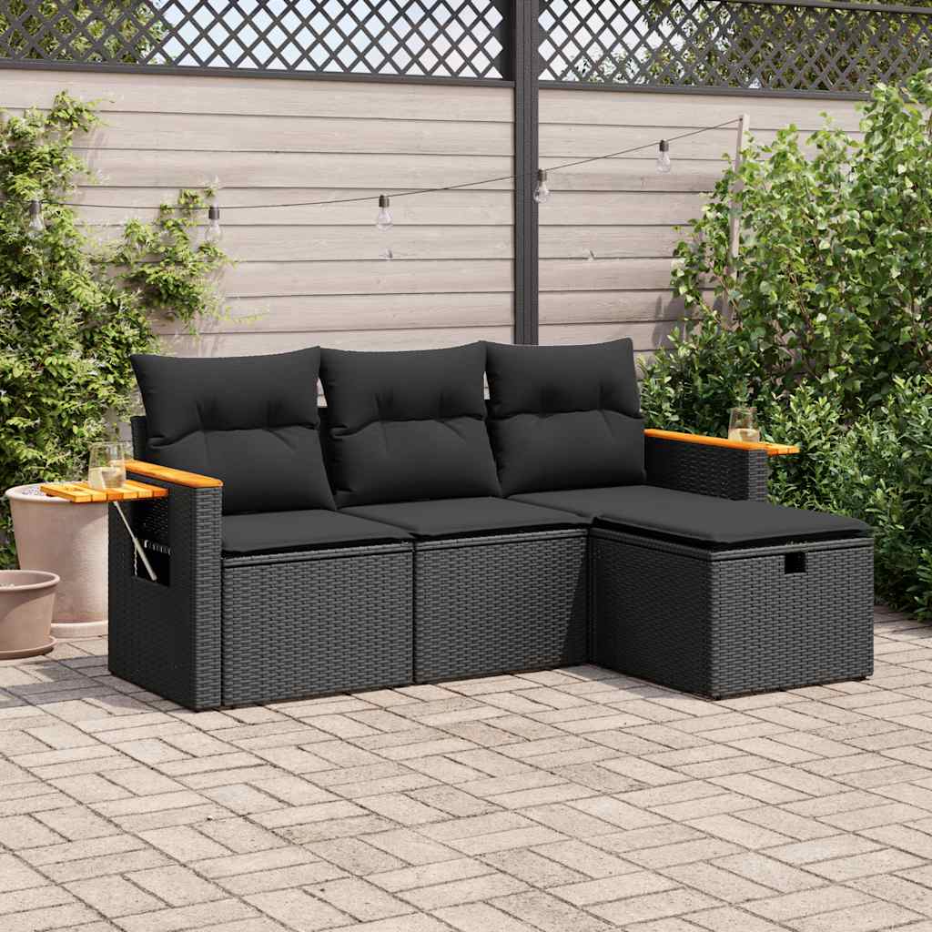 4-tlg. Garten-Sofagarnitur mit Kissen Schwarz Poly Rattan