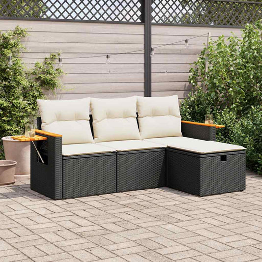 4-tlg. Garten-Sofagarnitur mit Kissen Schwarz Poly Rattan