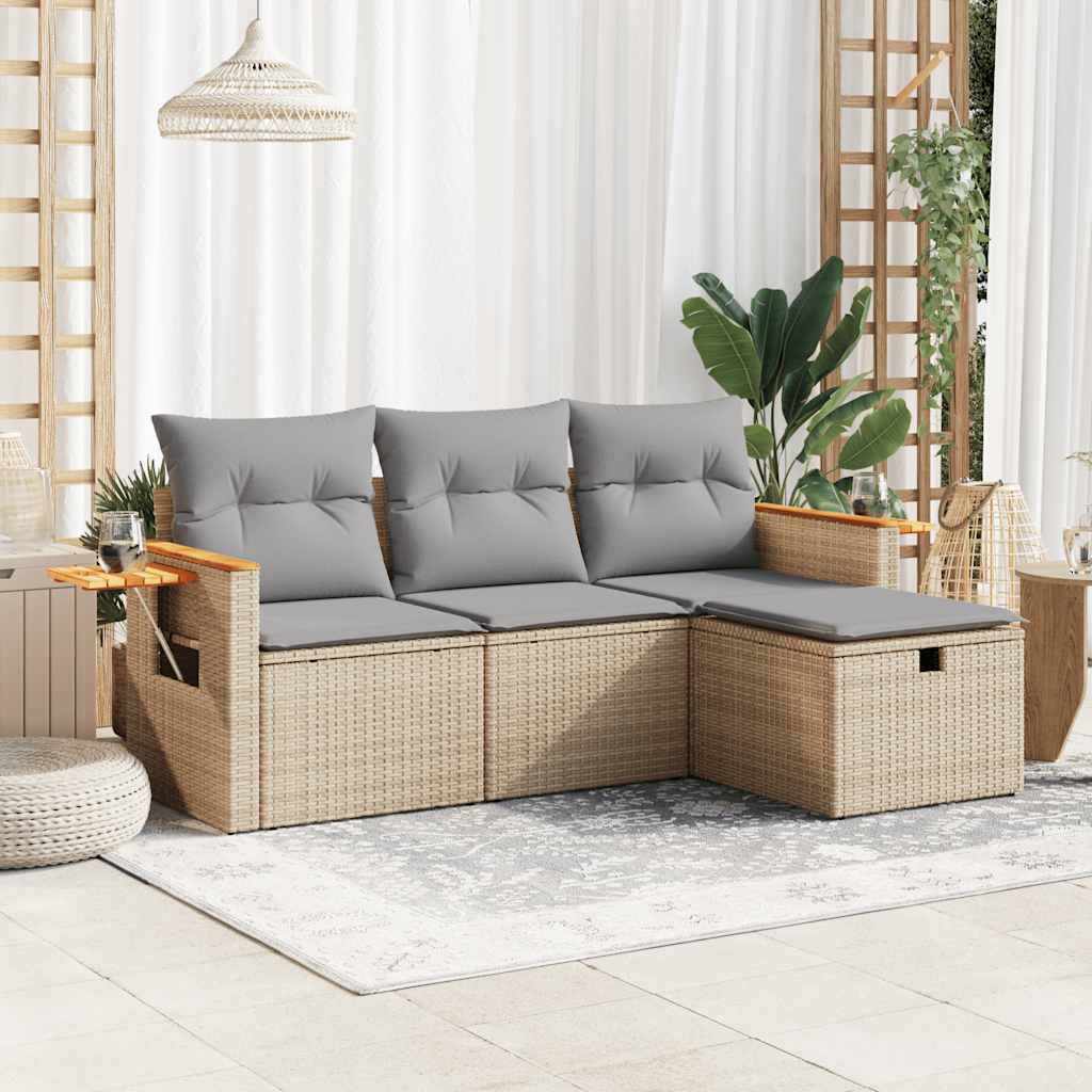 4-tlg. Garten-Sofagarnitur mit Kissen Beige Poly Rattan