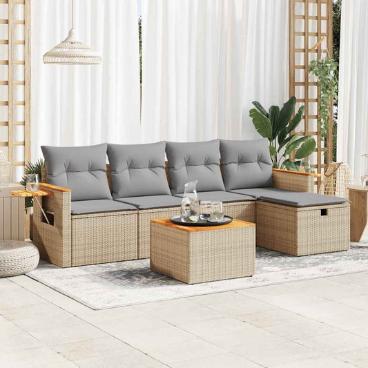 6-tlg. Garten-Sofagarnitur mit Kissen Beige Poly Rattan