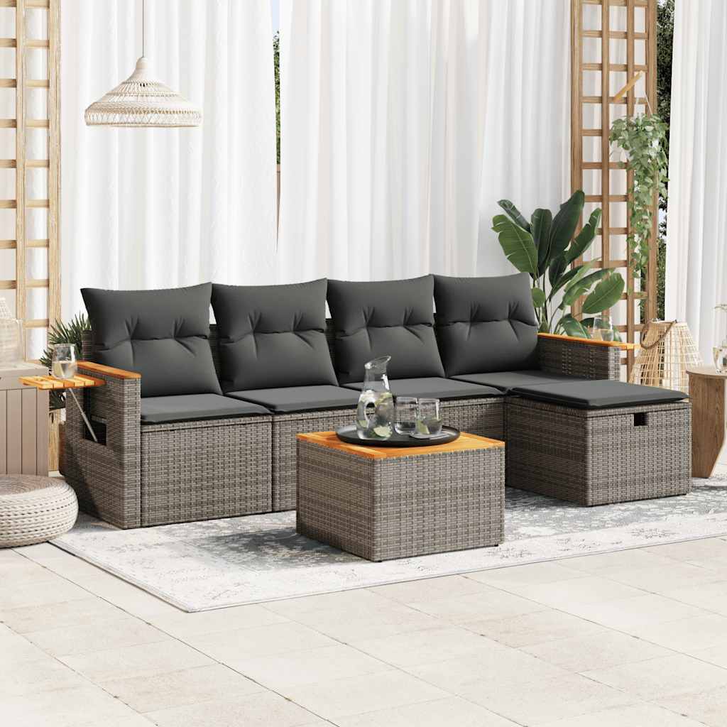 6-tlg. Garten-Sofagarnitur mit Kissen Grau Poly Rattan