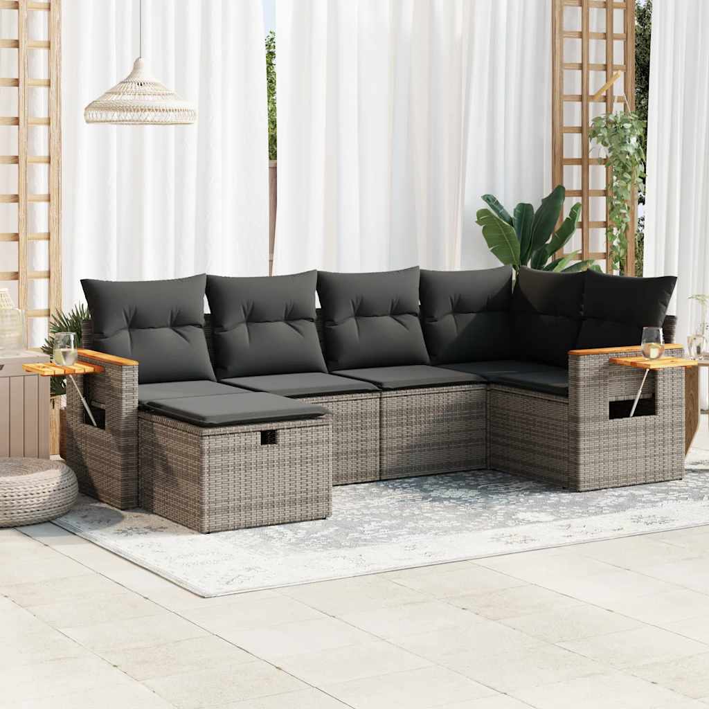 6-tlg. Garten-Sofagarnitur mit Kissen Grau Poly Rattan