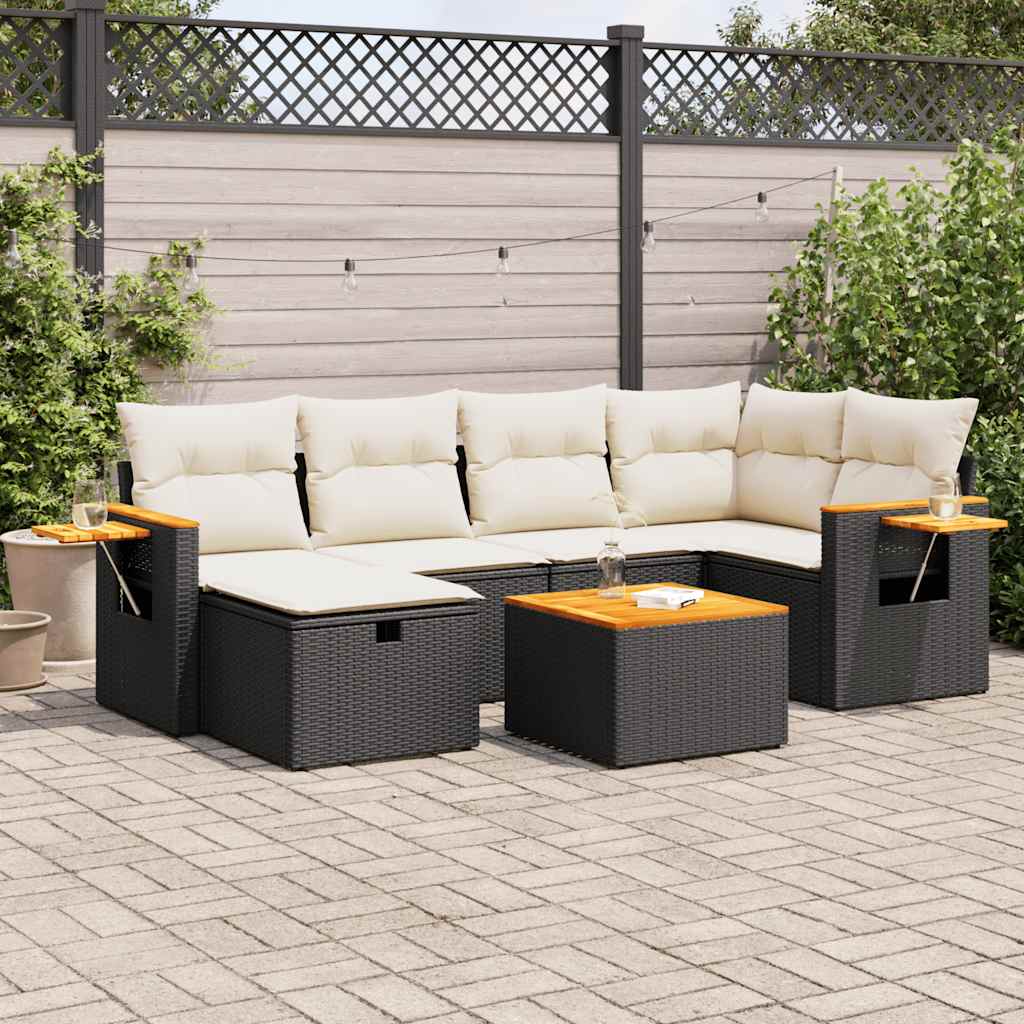 7-tlg. Garten-Sofagarnitur mit Kissen Schwarz Poly Rattan