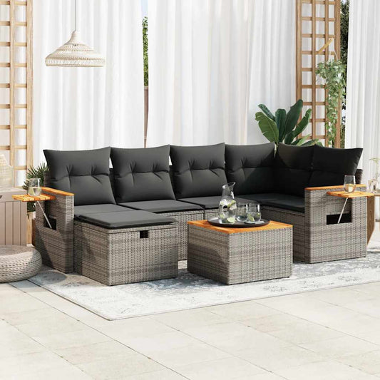 7-tlg. Garten-Sofagarnitur mit Kissen Grau Poly Rattan