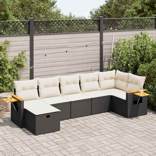 7-tlg. Garten-Sofagarnitur mit Kissen Schwarz Poly Rattan