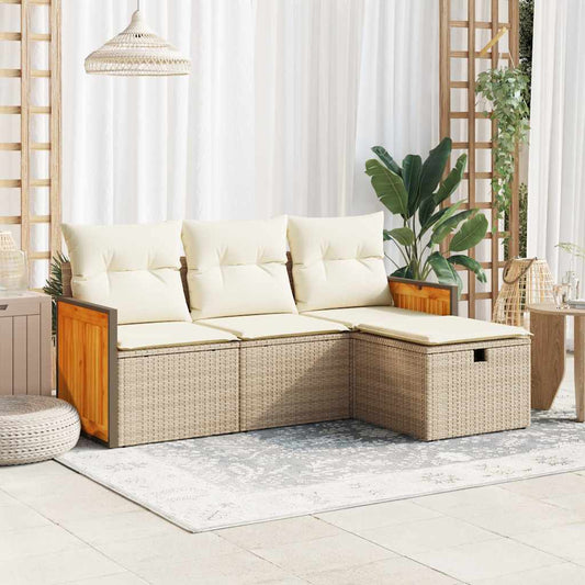 4-tlg. Garten-Sofagarnitur mit Kissen Beige Poly Rattan