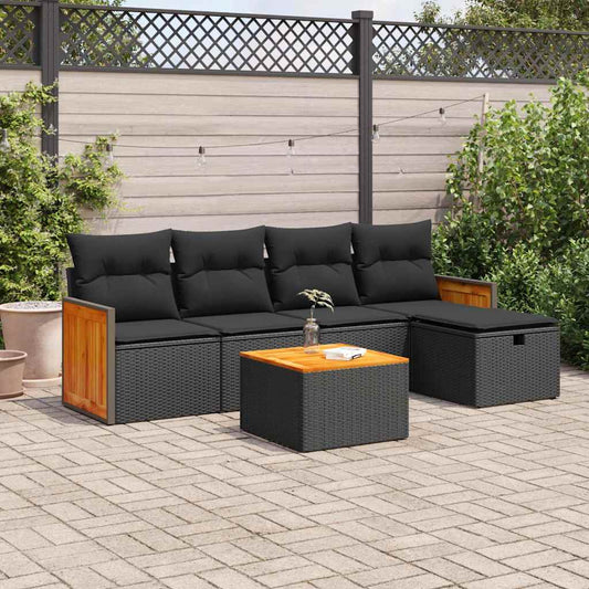 6-tlg. Garten-Sofagarnitur mit Kissen Schwarz Poly Rattan