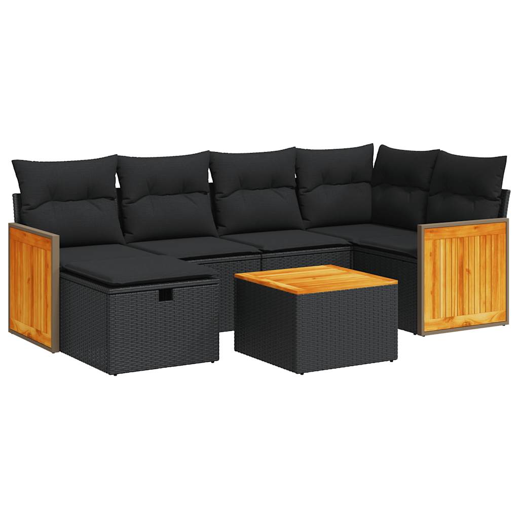 7-tlg. Garten-Sofagarnitur mit Kissen Schwarz Poly Rattan