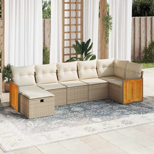 7-tlg. Garten-Sofagarnitur mit Kissen Beige Poly Rattan