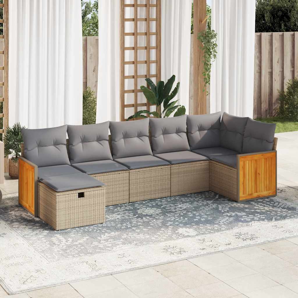 7-tlg. Garten-Sofagarnitur mit Kissen Beige Poly Rattan