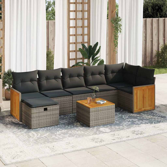 8-tlg. Garten-Sofagarnitur mit Kissen Grau Poly Rattan