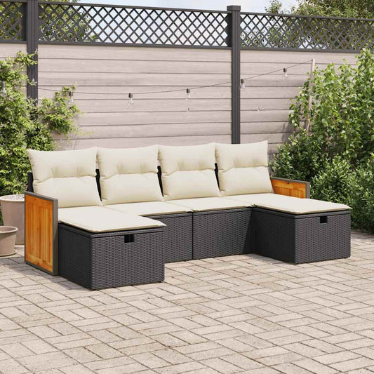 6-tlg. Garten-Sofagarnitur mit Kissen Schwarz Poly Rattan